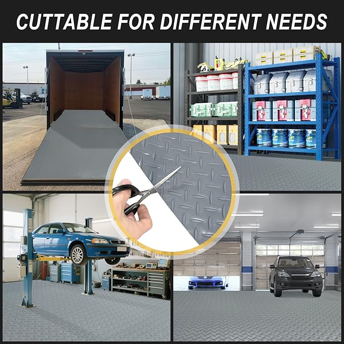 7.5x18 FT Garage Floor Mat, Flooring Roll with 20Pcs Tapes, 135 sqft Diamond Plate PVC Rubber Trailer Mat, Non-Slip Floor Mat for Garage, Warehouse, Gyms, Trailer, Pickup Truck (Grey)