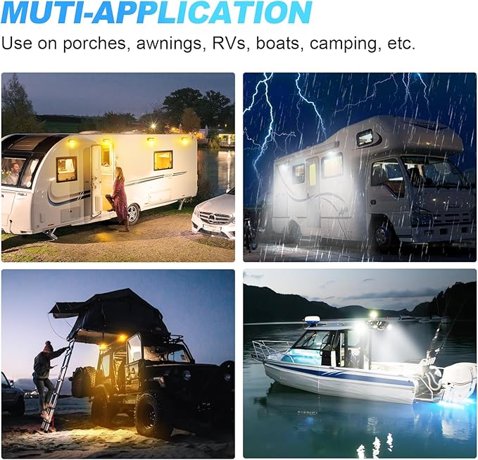 SUPAREE LED RV Porch Light, White Amber 12 Volt Exterior Light, 800 Lumen Black Lighting Fixture Kit Replacement for RVs Trailers Campers (2 Pieces)