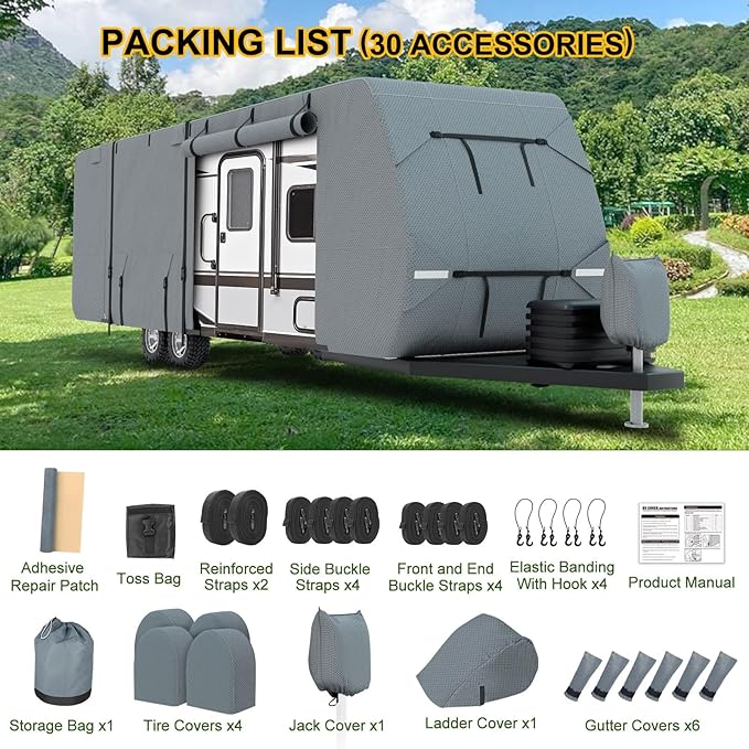 RV Cover 35-38ft, Travel Trailer Heavy Duty Extra-Thick 8 Layers Anti-UV Waterproof Windproof Camper Cover with Tongue Jack Cover, Extra Windproof Ropes, Gutter Covers
