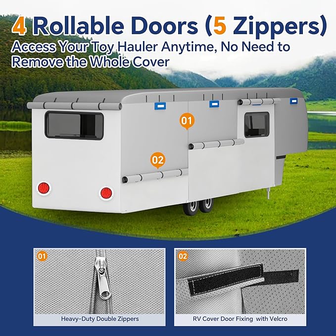 Heavy Duty 7 Layers 5th Wheel RV Cover, Camper Cover & Travel Trailer Cover 37-40ft, Waterproof Windproof All-Weather Protection with Gutter & Tongue Jack Covers Reinforced Straps - Blue