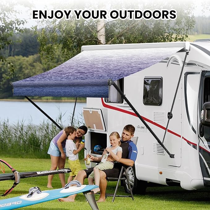 RV Awning Fabric Replacement, 16oz Heavy-Duty Vinyl Camper Awning Replacement Waterproof Universal Outdoor Canopy Replacement for Camper, Trailer, Motorhome (Blue Fade, 16FT(Fabric 15'2"))