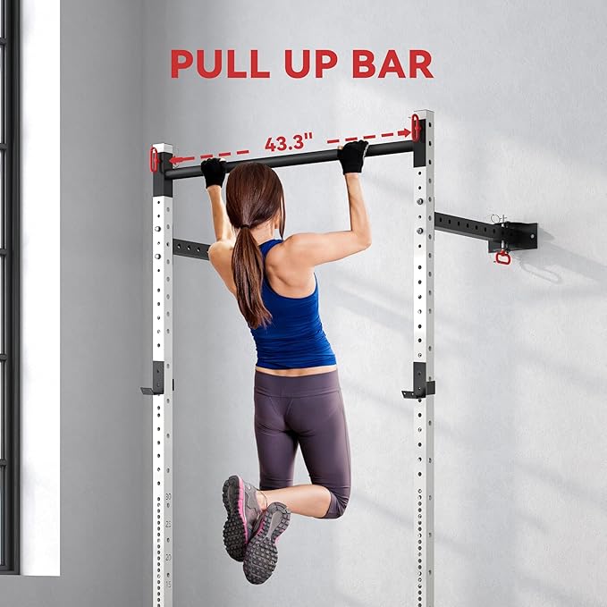 Soozier Folding Squat Rack with Adjustable Pull-Up Bar, 1000 Pounds Capacity Wall Mounted Power Rack, Adjustable Barbell Rack with J Hooks for Home Gym Full Body Workout