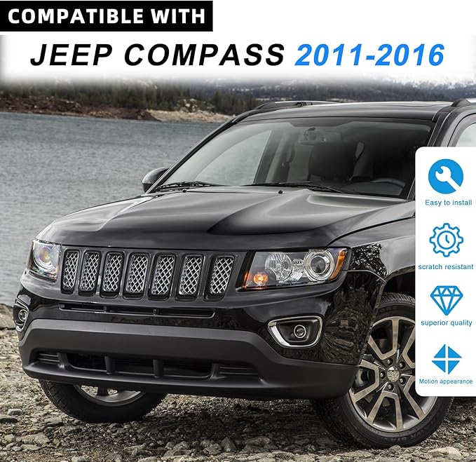 JINCHEN 7pcs Grill Mesh Inserts Clip-on Compatible with Jeep Compass 2011-2016, Front Grill Inserts Grille Cover Frame Trims (Bright black)