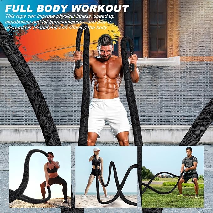 Battle Rope Workout Equipment 1.26 Inch Diameter 30FT Exercise Heavy Weighted Gym Battle Rope with Protective Cover Exercise Equipment Core Strength Training