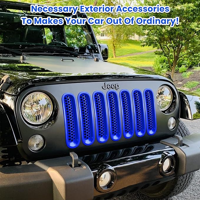 7PCS Front Grill Mesh Inserts for Jeep Wrangler JK JKU Unlimited 2007 2008 2009 2010 2011 2012 2013 2014 2015 2016 2017 2018 Grille Guard Cover Trim Clip-in Exterior Accessories (Matte Blue)