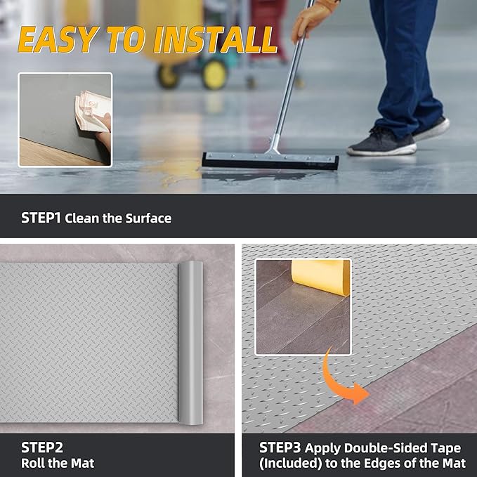 8.2x21 FT Floor Mat, 2.8mm 172.2 SQFT Non-Slip Diamond Plate PVC Garage Shop Parking Mat, Heavy Duty Flooring Roll for Workshop, RV Trailer, Golf Cart, Waterproof. Gray
