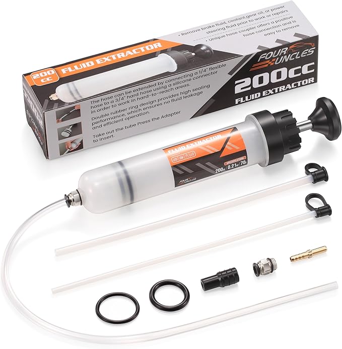 FOUR UNCLES 200cc Fluid Extractor & Fill Pump for Automotive Use - Oil Syringe with a 23" Hose & Two 12" Extension Tubes for Easy Oil Change