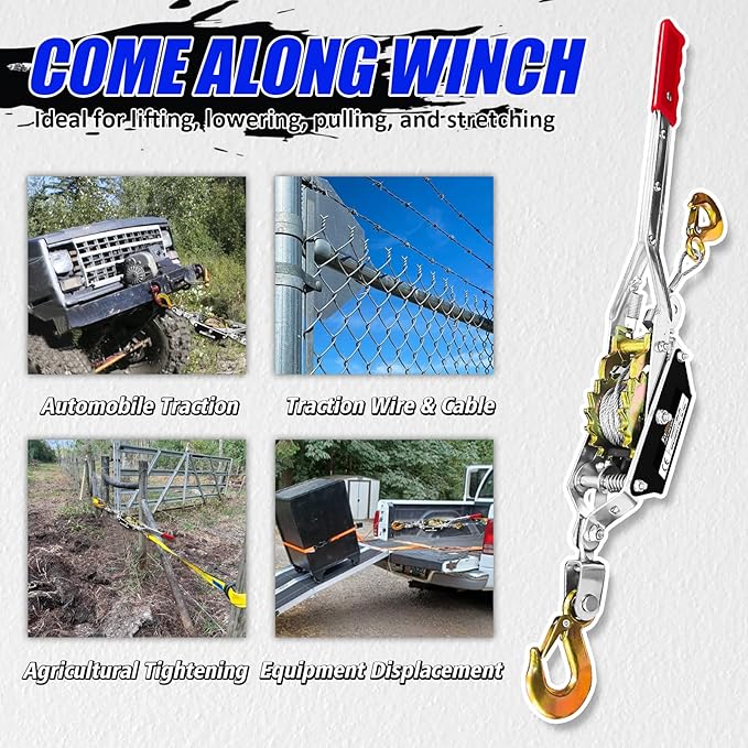 Come Along Winch 1T Pulling Capacity 7FT Steel Cable 2 Hooks Heavy Duty Ratchet Power Puller Tool with Dual Gears Hand Winch Cable Automotive Hoist Winch Puller