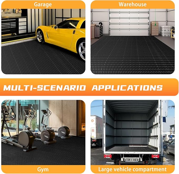 Boshen 7.5x17FT Garage Floor Mat, 2.5mm Thickened Diamond Plate PVC Rubber & Vinyl Flooring Roll, 127.5 SQFT Non-Slip Rubber Garage Mat for Floor Under Car Protection - Black