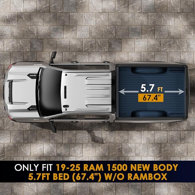 FRP Tonneau Cover Truck Bed for F19-25 Ram 1500 New Body 5.7FT Bed (67.4") w/o RamBox, Low Profile Truck Bed Cover Locking Drill-Free Install Heavy Duty Hard Folding Waterproof Fiberglass Anti-Theft