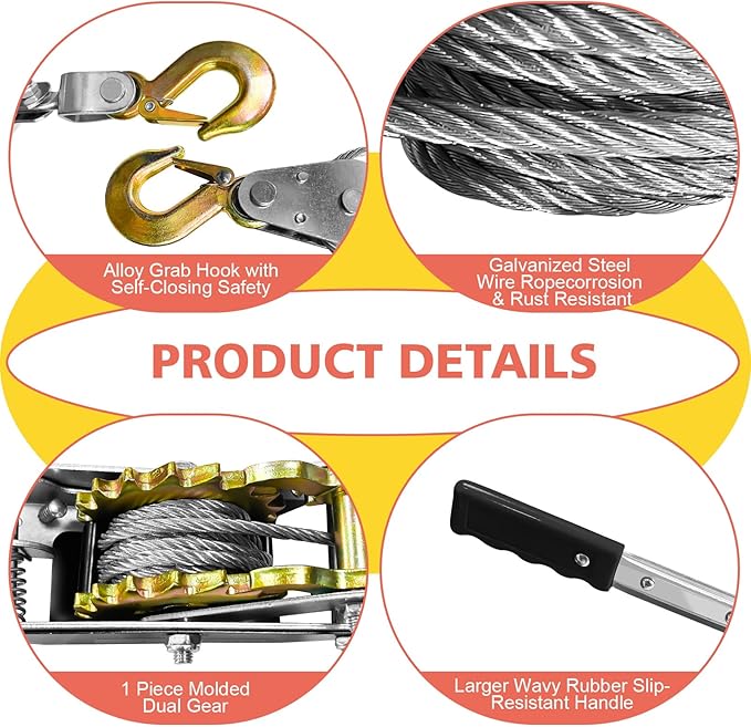 Come Along Winch 2-Ton with 7.54FT Steel Cable & 2 Hooks Heavy Duty Power Cable Come Along - Dual Gears Manual Winch for Vehicle Rescue & Automotive Hoist