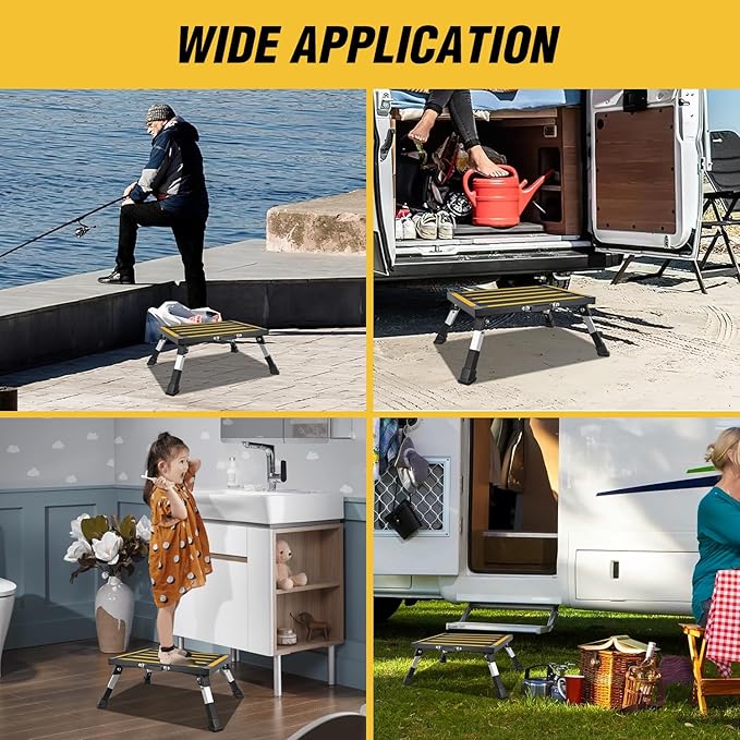 Nilight RV Step Stool Aluminum Folding Platform Steps 19x14.5 RV Steps 4 Levels Adjustable Heavy Duty Step Stool with Anti-Slip Surface Rubber Feet Portable Handle 500lbs for Camper Trailer, Black