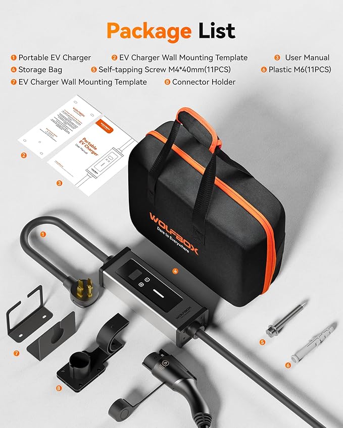 WOLFBOX Level 1&2 Electric car Charger 32Amp J1772,ETL Certified, 25ft Cable,208-240V,Portable ev Charger Station with NEMA 14-50R Plug Adapter(PE32)
