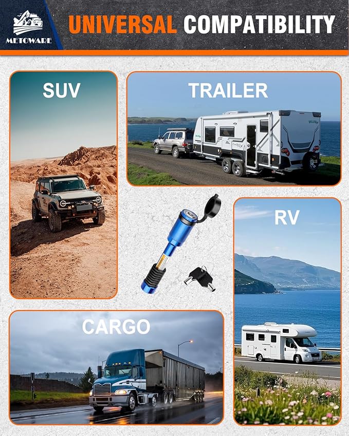 METOWARE Trailer Hitch Lock, Tailer Receiver Lock Fits Class III/IV, 2", 2-1/2" Hitch Receiver with 5/8" Dia Pin and 8 Rattle Rubber O-Rings, for Trailer, Truck, Car, Boat (Blue)