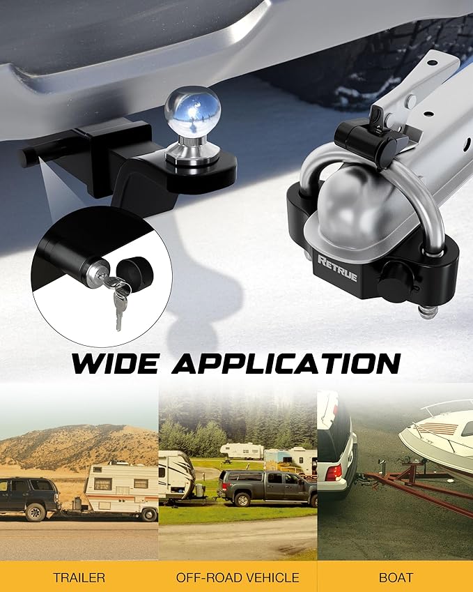 RETRUE Heavy-Duty Keyed-Alike Trailer Lock Set - Universal Coupler, Dual Hitch Receiver Pin, and Trailer Tongue Locks Included, Black