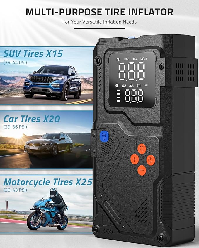 PAULINN Jump Starter with Air Compressor, 150PSI 6000A Car Jumper Starter Portable(All Gas/10L Diesel) with Tire Inflator, 12V Charger Booster