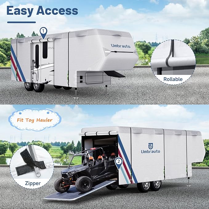 Umbrauto 5th Wheel RV Cover Upgraded 300D Waterproof Breathable Camper Covers Fits 37' - 40' Travel Trailer Motorhome with 2Pcs Extra Straps & Gutter Covers