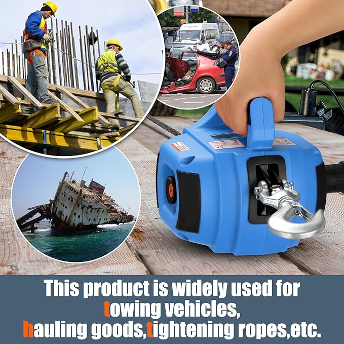 Portable Drill Winch of 1000 LB, Red Handheld Drill Winch with 40 Foot Synthetic Rope, Rotate The Hook 360 Degrees, for Lifting & Dragging (Blue)