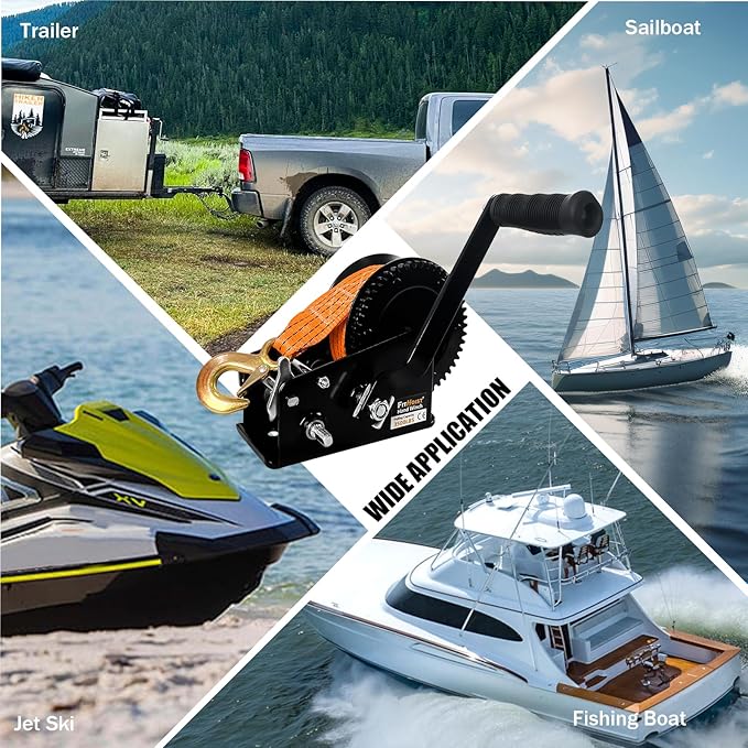 Boat Trailer Winch 3500lbs, Heavy Duty Hand Winch with 33FT Polyester Strap, 4:1/8:1 Gear Portable Winch with Hook, 2 Way Ratchet Manual Winch for Boat, Jet Ski, Truck-Includes Installation Screws