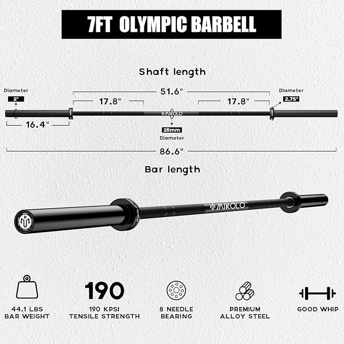 Mikolo 7ft Olympic Barbell, Barbell for Weightlifting and Powerlifting 45lb, Olympic Bar for 1500lbs Capacity, Weight Bar Fit 2” Standard Weights