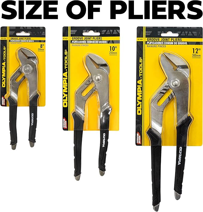 Olympia Tools 10-Inch Tongue and Groove Pliers, Straight Jaw Pliers with Cushion grip, 6 Jaw positions, 2.1" Jaw Capacity