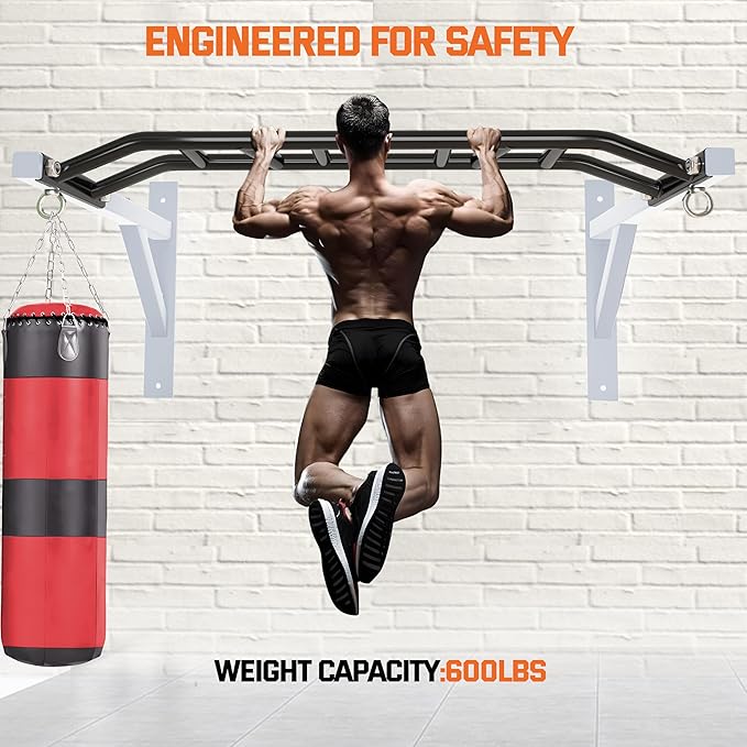 Upgraded-HWOOUSA Pull Up Bar Wall Mounted,Heavy Duty Multi Grip Bar with 14 Grip Positions,Space Saving Home Gym Equipment -Ideal for Garage,Outdoor Strength Training, Chin Up Bar,Supports to 600 Lbs
