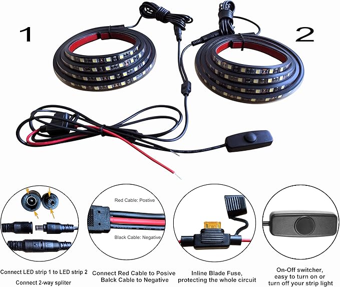 60Inch LED Truck Bed Lights, 2PCS White LED (Light Emitting Diode) Lighting Fixtures, Waterproof Truck Bed Lighting Bar Switch Fuse Splitter Cable for RV SUV Vans Cargo Boats