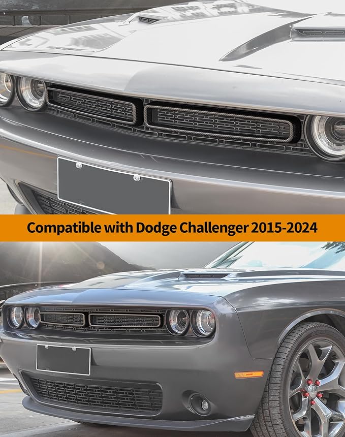 Hoolcar Front Grille Radiator Grille Insert Cover Grillwork Trim Compatible with Dodge Challenger 2015-2024, Exterior Accessories, Carbon Fiber, 2pcs