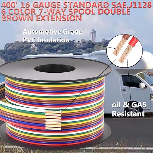 SUZCO 400Ft Enough 16AWG CCA【2-Brown-Wires】 6 Color-Coded 6-Way 7-Wire Bonded Trailer RV Camper Towing Hitch Wiriing Spool, 7-Flat Wishbone SAE J1128 for All Basic Wire Trailers