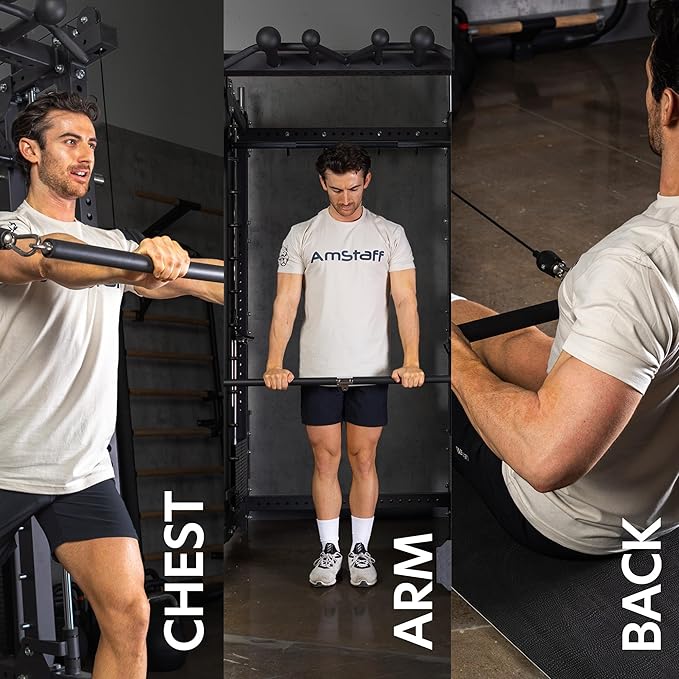 AmStaff 48" Straight Ez Curl Lat Pull Down Bar with Revolving Double Hook for Dual Pulley Cable Machines, Functional Trainer Multi-Purpose Attachment