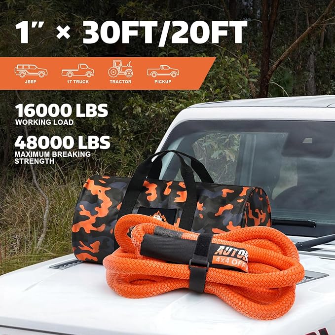 AUTOBOTS Kinetic Recovery Rope 1" x 30' (48,000lbs)+2 Soft Shackles Heavy Duty Kinetic Tow Rope for Truck ATV UTV SUV Offroad Recovery Kit