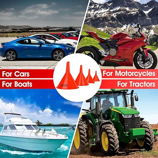 DEDC Oil Funnels, Gas Funnels, Plastic Funnel Set for Car, Automotive, Kitchen, Mini Small Large Red (4pcs Gas Plastic Funnel)