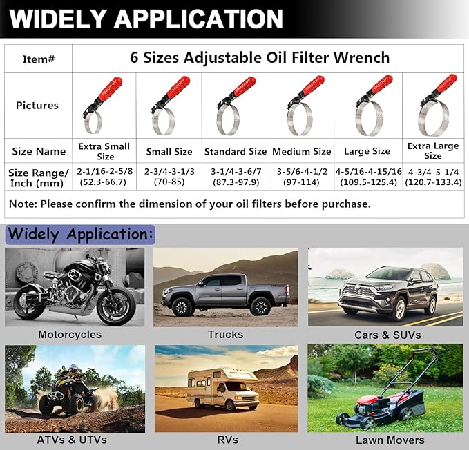Medium Oil Filter Wrench, Oil Filter Removal Tool Adjustable from 3-5/6" to 4-1/2" for Cars, Motorcycles and Trucks