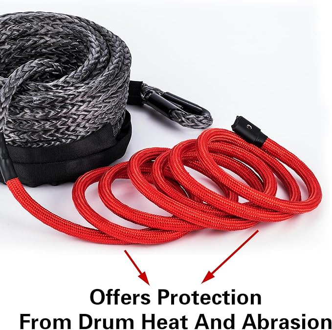 3/8" x 92ft Synthetic Winch Rope, 25,500LBS Heavy Duty Winch Cable with Protective Sleeve, Forged Winch Hook & Safety Strap for Off-Road 4x4, SUV, Jeep, Truck (Black)