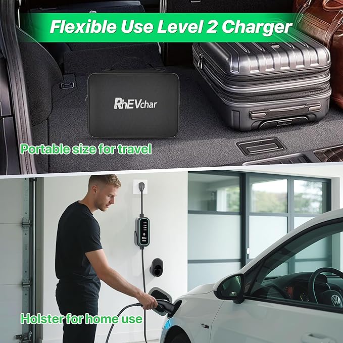 40A Level 2 EV Charger Portable J1772 Adjustable Amps 240V Mobile Electric Car Chargers with NEMA 14-50 Plug, 25FT Cable, Wall Mount Holster, Travel Storage Bag Included