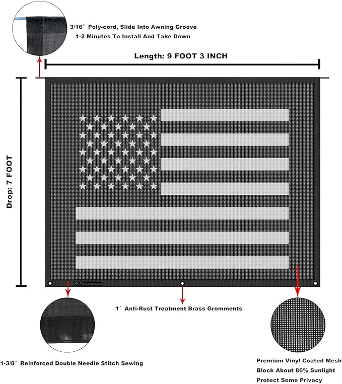 Tentproinc RV Awning Sun Shade Screen 7' X 9' 3'' (American Flag) Black Mesh Sunshade Camper Trailer Awning Shade Screen UV Blocker Completed Kits