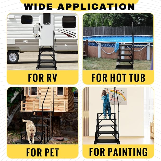 RV Steps with Handrail, Hot Tub Steps Outdoor, 5 Step Ladder Stool, RV Stairs with Anti-Slip Panel, Camper Steps for Spa, Travel Trailers, Pool and Porch