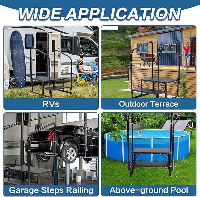 RV Steps, 2-Steps RV Stairs with Handrail Hot Tub Steps Camper Steps, Non-Slip Steps Outdoor Stairs for RV, Trailer, Mobile Home Stairs, Outdoor Spa