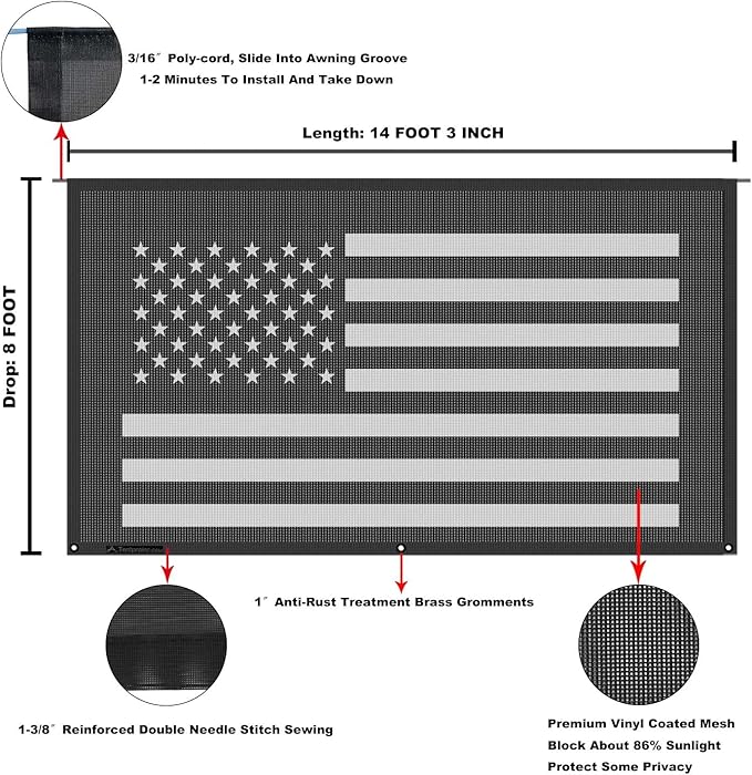 Tentproinc RV Awning Sun Shade Screen 8' X 14' 3'' (American Flag) Black Mesh Sunshade Camper Trailer Awning Shade Screen UV Blocker Completed Kits