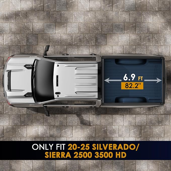 FRP Low Profile Hard Tri Fold Truck Bed Cover Fit for 20-25 Silverado/Sierra 2500 3500 HD 6.9FT Bed (82.2") Aluminum Hard Folding Drill-Free Tonneau Cover, Sleek, Fiberglass Waterproof