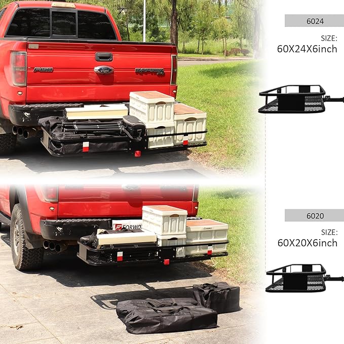 FORWODE 60x20x6 Hitch Cargo Carrier for 2 Inch Receiver, 500LB Capacity Hitch Mount Cargo Rack Carrier, Folding Hitch Cargo Basket with Antirust Coat