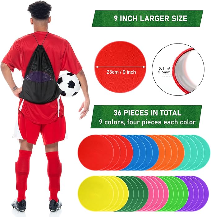 Poly Spots Spot Markers for Gym Floor 9 inch 18/27/36Pcs Flat Cones Non-Slip Rubber Floor Dots for Kids Sports Soccer Basketball Agility Training Dance Classroom