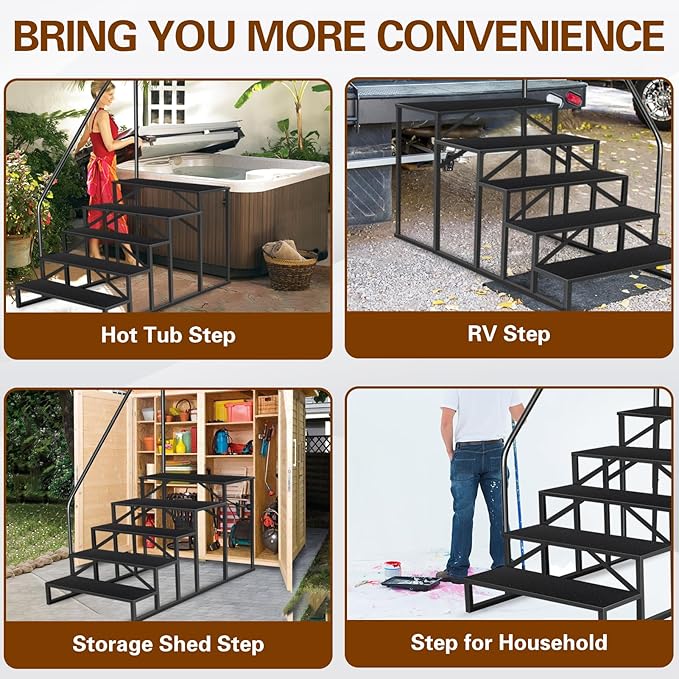 5 Step Ladder, Anti-Slip Hot Tub Steps with Handrail, Upgrade RV Step Stool, 660lbs Anti-Slip Mobile Home Stairs Porch Steps for Indoor Outdoor