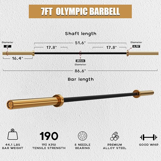 Mikolo 7ft Olympic Barbell, Barbell for Weightlifting and Powerlifting 45lb, Olympic Bar for 1500lbs Capacity, Weight Bar Fit 2” Standard Weights