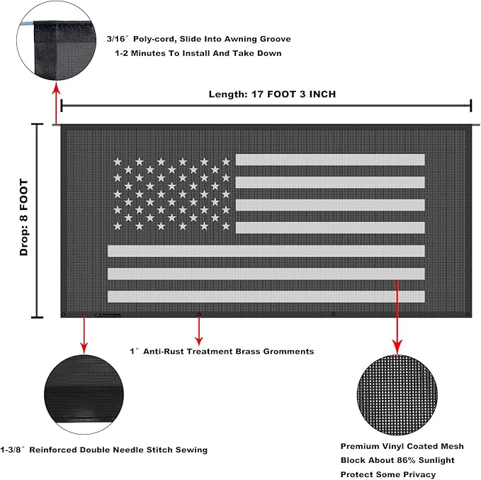 Tentproinc RV Awning Sun Shade Screen 8' X 17' 3'' (American Flag) Black Mesh Sunshade Camper Trailer Awning Shade Screen UV Blocker Completed Kits