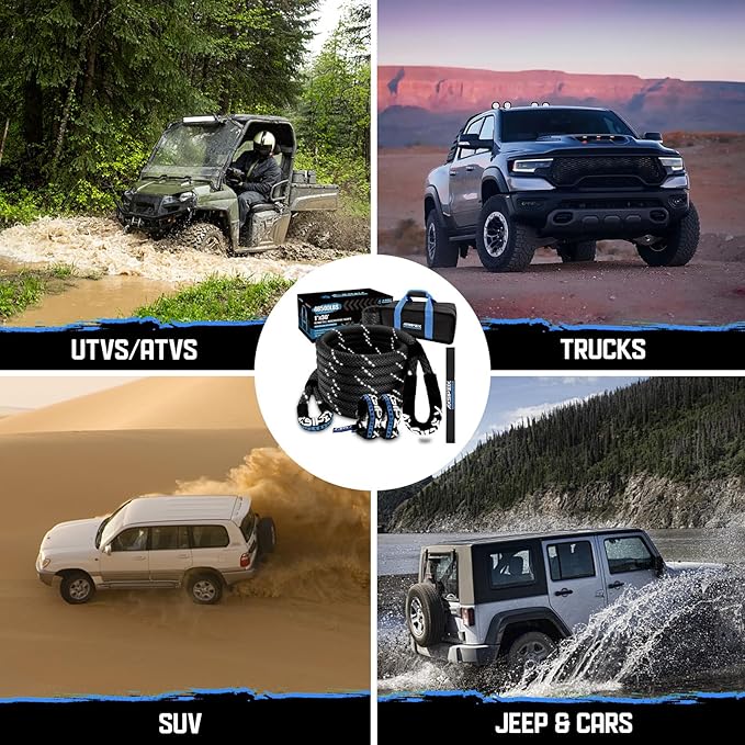 Kinetic Recovery Rope Kit (Reflective), 1in x 30ft 48,500Lbs, 35% High Elasticity, w/ 2 Soft Shackles, 16,166Lbs Work Load Limit for 4x4 Offroad Vehicle, Black