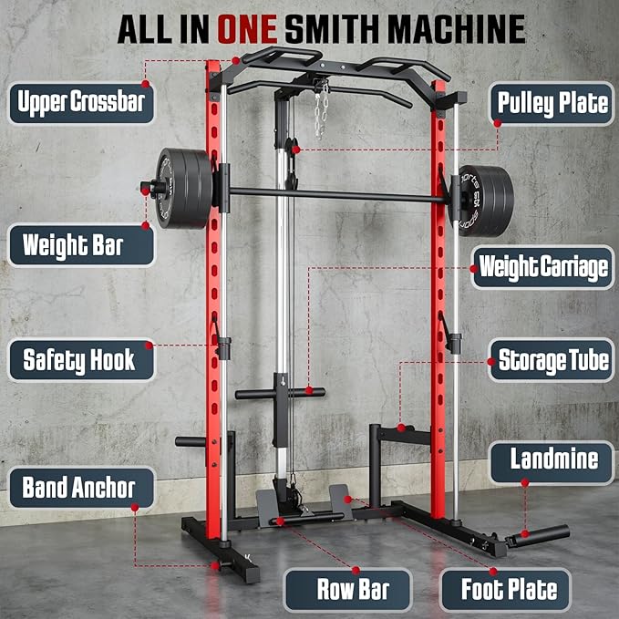 OPPSDECOR Power Cage, Multi-Function Power Rack with Adjustable Cable Pulley System, Squat Rack with Pull-up Bar, J-Hooks, More Training Attachment for Home Gym