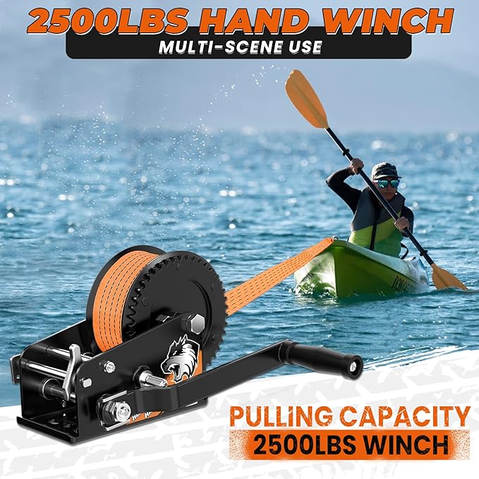 23FT Strap Boat Trailer Winches,2-Way Ratchet System Designed for Heavy-Duty Applications. 2500 lbs Ideal for Towing Trucks, ATVs, RVs, and Jet Skis.