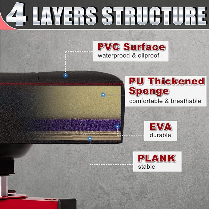 Adjustable Shop Stool,Garage Mechanic Stool Chair,Work Seat for Workshop, Adjustable Height, 360° Swivel Padded Square Seat,Tool Storage, 350 LBS Capacity, Heavy Duty, Red
