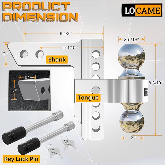 LOCAME Adjustable Trailer Hitch, Fits 2-Inch Receiver, 6-Inch Drop/Rise Aluminum Drop Hitch,12,500 LBS GTW-Tow Hitch for Heavy Duty Truck with Double Stainless Steel Locks, Silver